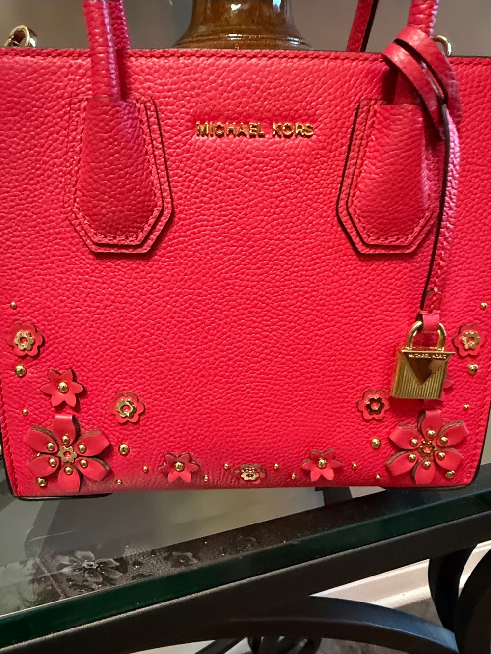 Michael Kors Hot Pink Floral Studded Leather Satchel - Picture 2 of 7